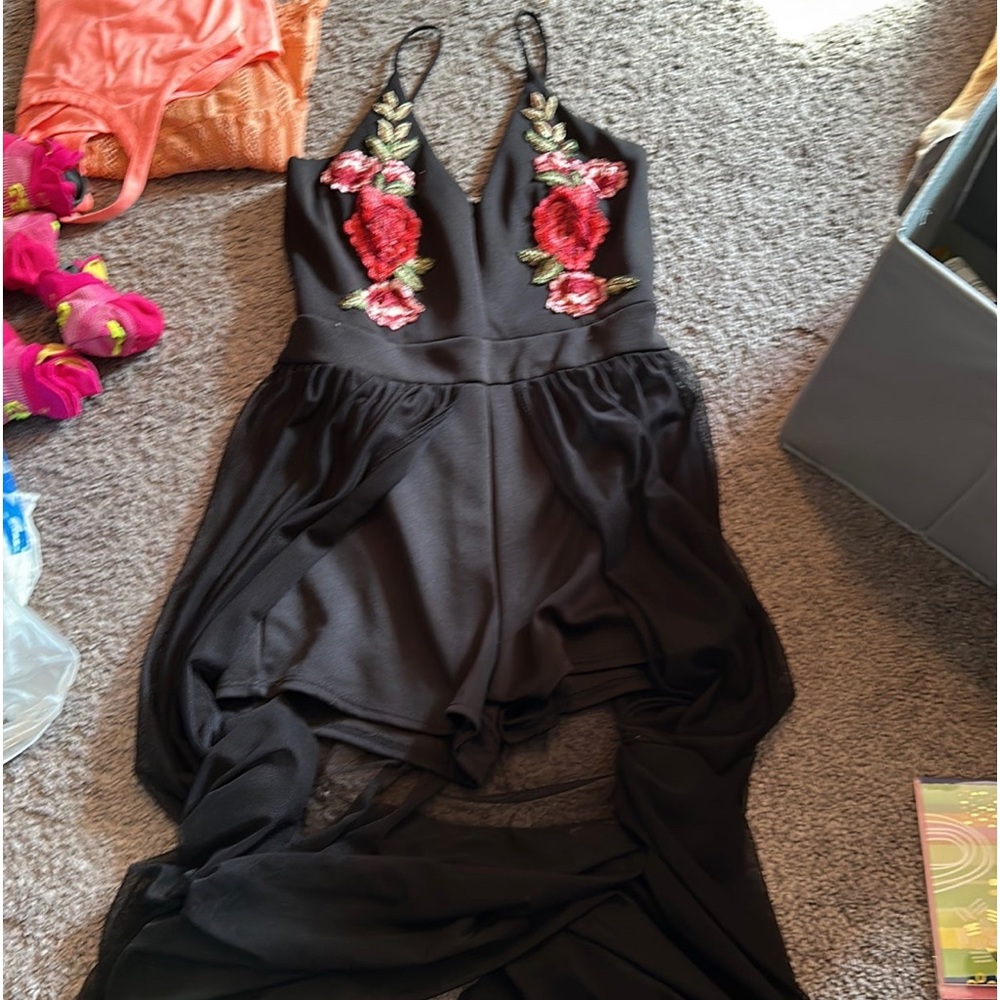 Black Romper with Sheer Trail and Floral Pattern